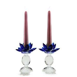  Sorelle Crystal Lotus Candleholder Pair   Blue