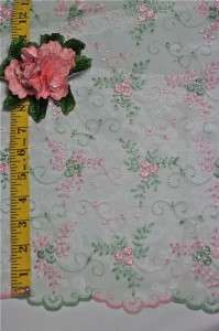Soft green organza fabric w pink/green embroidery  