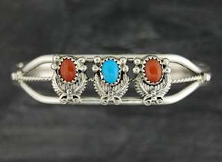 Sterling Silver Turquoise & Coral Leaf Cuff Bracelet  