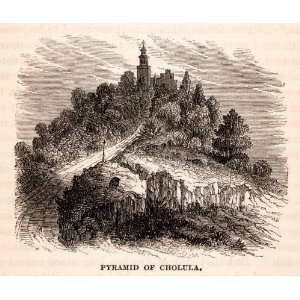  1856 Wood Engraving Ancient Cholula Pyramid Mexico 