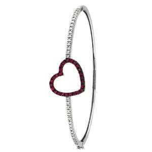  Pink Sapphire and Diamond Heart Bangle Bracelet 14k White 