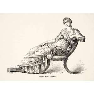 1886 Wood Engraving Greek Woman Lady Chair Toga Costume Crown Seated 