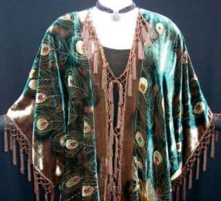 Silk Velvet KIMONO Opera Coat Duster Beaded Brown Multi Peacock Maya 