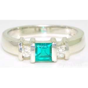  Princess cut Simulated Emerald & Diamond Ring 14K White 