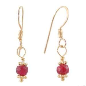 Delicate Ruby Gemstone Bead and Gold Vermeil Dangle Earrings on Gold 