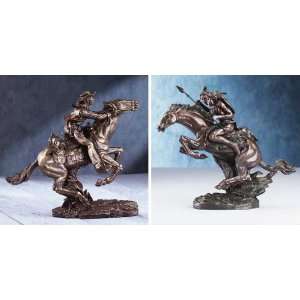  Bronze Sculptures Set   Cowboy and Indian on Horses 