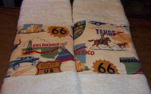 PAIR KITCHEN BATH TOWELS ROUTE 66 TRAVEL MAP SCENIC  