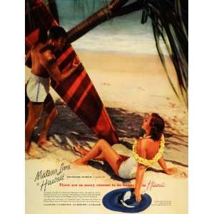  1937 Ad Hawaii Matson Line Surfer Surfboard Beach Sand 