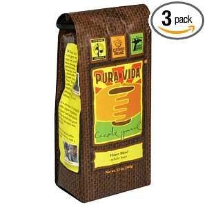 Pura Vida Whole Bean Coffee, House Blend, 12 Ounce Bags (Pack of 3 