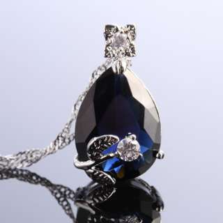 Pear Cut Blue Sapphire Pendant Necklace Chain Lady Fashion Jewelry 