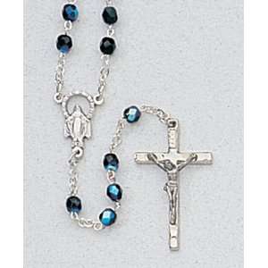  17 Silver Plated Rosary with 5mm Black Beads, Mary Emblem 