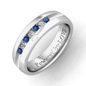 Engraved Mens 7 Stone Sapphire Diamond Wedding Band Comfort Fit in 18k 