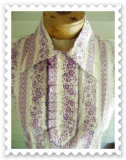 Vintage Mod 60s Tuxedo Ruffle Floral Prt Picnic Shirt  