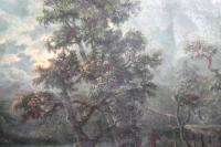 Antique European oil painting river forest landscape  