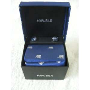   Silk Necktie (Gift Set)  Deep Blue with Small Silver Elephant Design