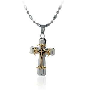   Two Tone 3D Cross Pendant Beaded Chain Necklace Jewellery Jewelry