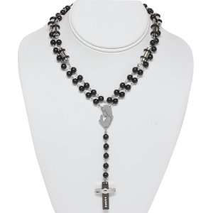  33 Black Rosary Beads Necklace With CZ Black and White 