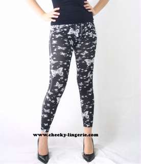 Fits S M L Butterfly Print Footless Black Seamless Womens Skinny 