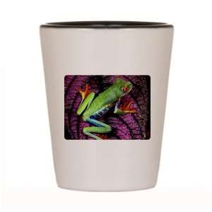 Shot Glass White and Black of Red Eyed Tree Frog on Purple 