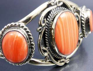 Stone Veined Pink Coral Mexican Silver Cuff Bracelet  