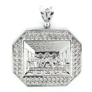 Mens Iced Out Hip Hop White Gold Plated Crystal Octagon Last Supper 