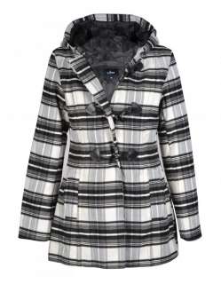 Womens Check Hoody Hooded Jacket Black And White Ladies Toggle Duffle 