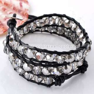   Fashion STYLE Crystal Glass Beads Black Leather 2 Wrap Bracelet New
