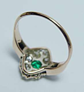 Antique Gem Color Emerald Old Mine Cut Diamond 14K Gold Ring Estate 