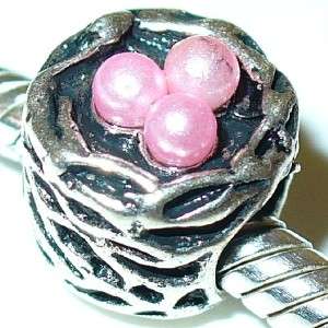 NEST WITH PINK EGGS SILVER EUROPEAN CHARM  
