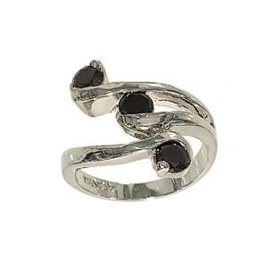 Modern Three Stone Wrap Silvertone Fashion Ring with Jet Black Cubic 