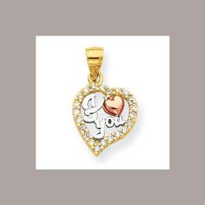 Textured back 10k Two tone Gold I Love You CZ Heart Pendant 1.25 gr.