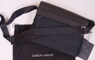 GIORGIO ARMANI MESSENGER BAG $1195 BLACK CALFSKIN LOGO SHOULDER STRAP 