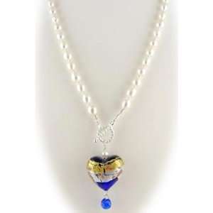   Glass Heart Freshwater Pearl Lariat Sterling Silver Necklace Jewelry