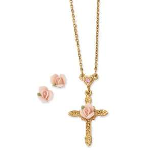   ,porcelain pink flower cross necklace and post earring set Jewelry
