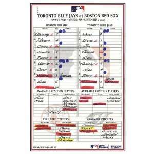  Blue Jays at Red Sox 9 03 2007 Game Used Lineup Card 