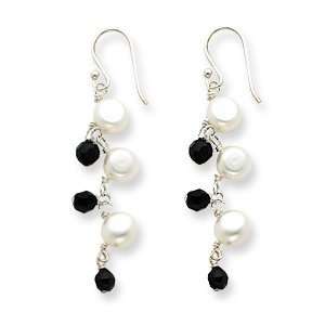 Sterling Silver Freshwater Cultured White Pearl/Black Crystal Earrings