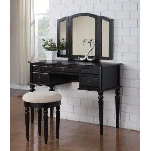  Vanity and Stool Set with Foldout Mirror in Black Finish 