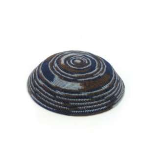  15cm Blue DMC Knitted Kippah with Shades of Blue and Brown 