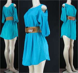 Open Shoulder Cut Out Loose Mini Dress W/Belt Turquoise  