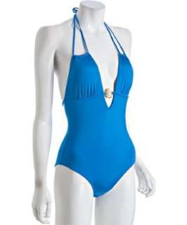 Kathleen Cook blue Fiji carved ornament one piece swimsuit   