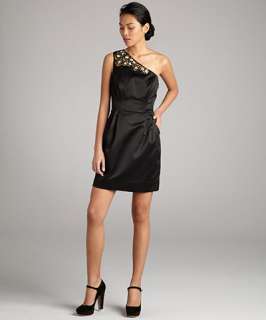 Shoshanna black sateen jeweled one shoulder dress