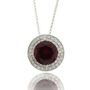   Silver Round Simulated Garnet Stone Clear CZ Trimmed Pendant Jewelry