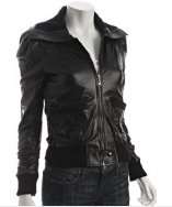 style #304048801 black leather zip front pintuck bomber jacket