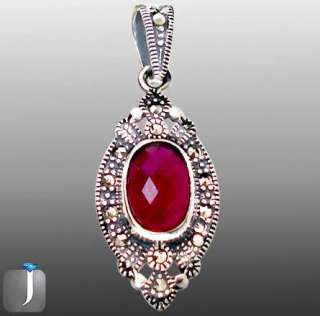 ELITE MARCASITE RED RUBY OVAL 925 STERLING SILVER ARTISAN PENDANT 1 1 
