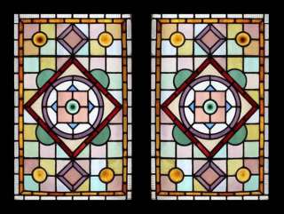 ORNATE VICTORIAN PAIR ANTIQUE STAINED GLASS WINDOWS  