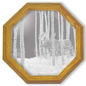    Etched Mirror Moose Art in Solid Oak Octagon Frame