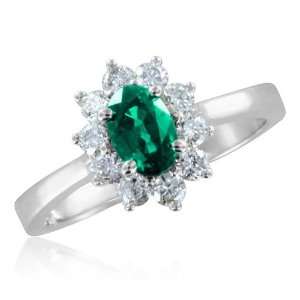  Natural Emerald and Diamond Engagement Ring in 14k White 