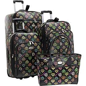 Digital Hearts 4 Piece Luggage Set Black w/ Multi Color Hearts