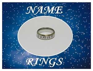   Steel 6mm Gold Edge Personalized Engraved Name Ring With Hearts  