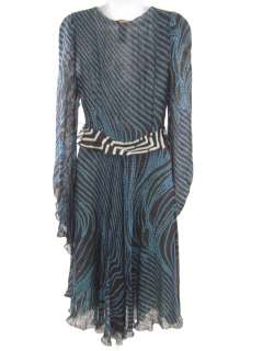 CHRISTIAN LACROIX Blue Black Silk Long Sleeve Dress 38  